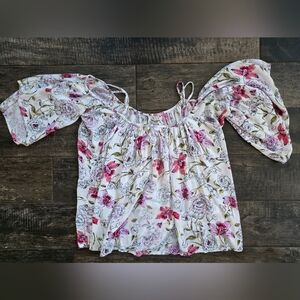 #485 Billabong Off-Shoulder Floral Blouse in Pink and Cream